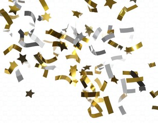 Gold and silver confetti and stars falling on white background