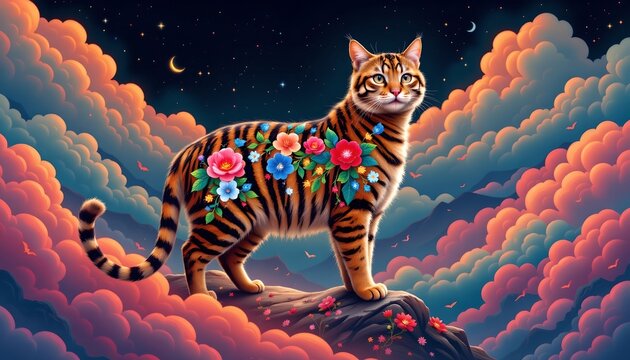 an illustration of a cat with an intricate floral design covering its body, standing in front of a sky backdrop with clouds and floating flowers, posi