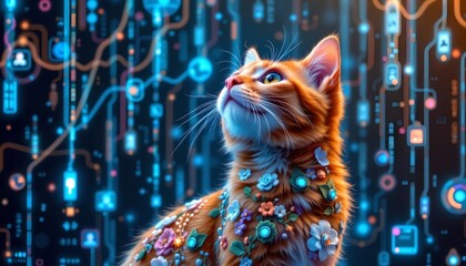a cat standing upright amidst intricate digital or technological circuits, creating an otherworldly atmosphere with hues of blue and purple lights.