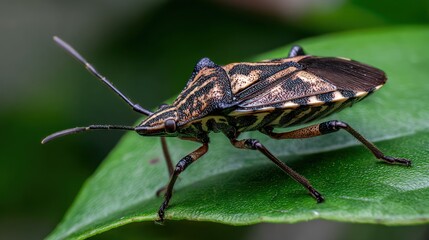 Closeup patterned insect on green leaf