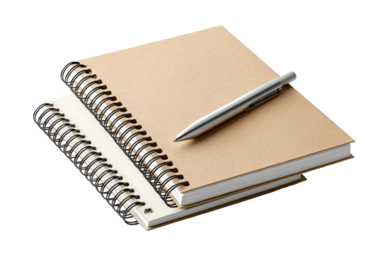 Notebooks and pen on a clear surface