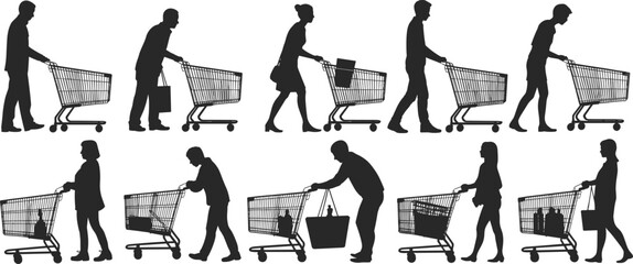 Silhouette of diverse people pushing shopping carts, grocery shopping, carrying bags, supermarket, consumer behavior, retail, shopping, market, vector illustration, purchasing, lifestyle, commerce
