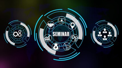 “Futuristic seminar Technology Animation Featuring Digital Finance Icons, Data Analytics, Online Banking and Global Financial Network Interface on Dark Tech Background with World Map"