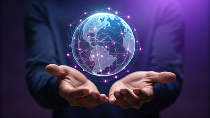 Futuristic holographic world globe hovering above hands, symbolizing global connectivity