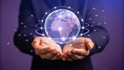 Futuristic holographic world globe hovers above hands, symbolizing global connectivity