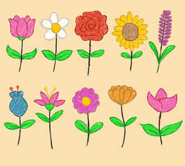 Cute Crayon Flower Vector Set. Hand Drawn Kids Style Chalk Floral Doodles with Colorful and Playful Lines for Children's Design, Stickers, and Creative Botanical Projects.
