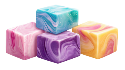 Colorful handmade soap bars with natural ingredients isolated on white background
