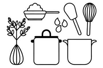 Line art icons set of kitchen utensils and cooking ingredients — pan, pot, whisk, spoon, vegetables, herbs — black clean vector outlines, simple style, for recipe cards or food packaging design