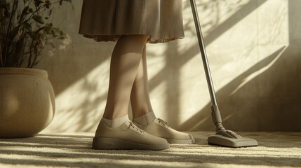 A close-up shot of a woman in comfortable home shoes, as she uses a vacuum cleaner to clean a light-colored carpet.