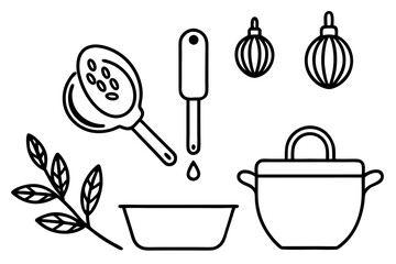 Line art icons set of kitchen utensils and cooking ingredients — pan, pot, whisk, spoon, vegetables, herbs — black clean vector outlines, simple style, for recipe cards or food packaging design