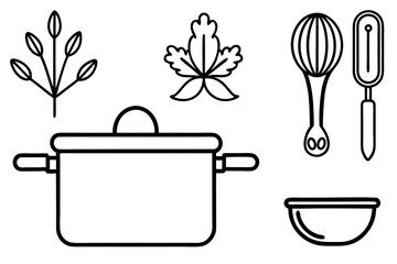 Line art icons set of kitchen utensils and cooking ingredients — pan, pot, whisk, spoon, vegetables, herbs — black clean vector outlines, simple style, for recipe cards or food packaging design