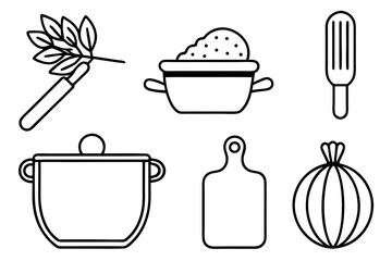 Line art icons set of kitchen utensils and cooking ingredients — pan, pot, whisk, spoon, vegetables, herbs — black clean vector outlines, simple style, for recipe cards or food packaging design