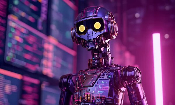 
A futuristic robot with glowing eyes stands in front of an array of digital screens displaying colorful data and code, symbolizing the advanced technology