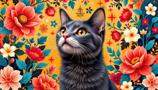 a stylized illustration of a gray tabby cat with glowing eyes against a backdrop of vibrant floral patterns in red, orange, and yellow hues.