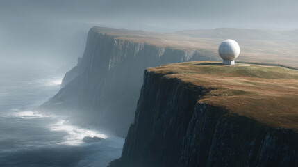 Weather radar, Weather radar station on cliff edge with misty ocean and dramatic sky creating mysterious atmosphere in coastal landscape