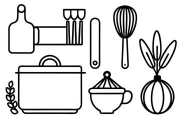 Line art icons set of kitchen utensils and cooking ingredients — pan, pot, whisk, spoon, vegetables, herbs — black clean vector outlines, simple style, for recipe cards or food packaging design