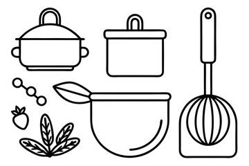 Line art icons set of kitchen utensils and cooking ingredients — pan, pot, whisk, spoon, vegetables, herbs — black clean vector outlines, simple style, for recipe cards or food packaging design