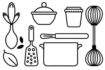 Line art icons set of kitchen utensils and cooking ingredients — pan, pot, whisk, spoon, vegetables, herbs — black clean vector outlines, simple style, for recipe cards or food packaging design