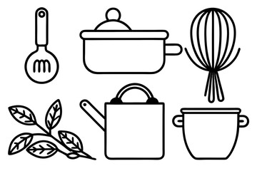 Line art icons set of kitchen utensils and cooking ingredients — pan, pot, whisk, spoon, vegetables, herbs — black clean vector outlines, simple style, for recipe cards or food packaging design