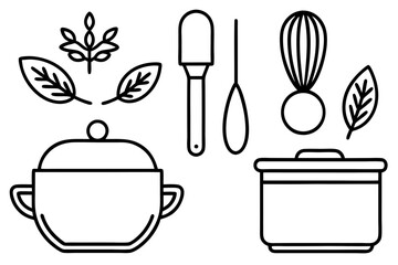 Line art icons set of kitchen utensils and cooking ingredients — pan, pot, whisk, spoon, vegetables, herbs — black clean vector outlines, simple style, for recipe cards or food packaging design