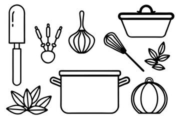 Line art icons set of kitchen utensils and cooking ingredients — pan, pot, whisk, spoon, vegetables, herbs — black clean vector outlines, simple style, for recipe cards or food packaging design