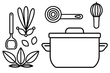 Line art icons set of kitchen utensils and cooking ingredients — pan, pot, whisk, spoon, vegetables, herbs — black clean vector outlines, simple style, for recipe cards or food packaging design
