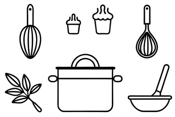 Line art icons set of kitchen utensils and cooking ingredients — pan, pot, whisk, spoon, vegetables, herbs — black clean vector outlines, simple style, for recipe cards or food packaging design