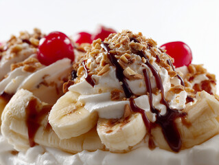 Eye-level view of a banana split sundae, cinematic, ice cream scoops and toppings in sharp focus, white background, full HD