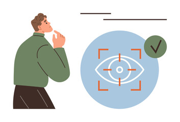 Thoughtful person analyzing situation next to eye icon with crosshairs and checkmark. Ideal for decision-making, focus, insight, problem-solving, critical thinking, evaluation, simple flat metaphor