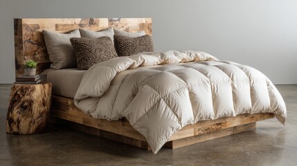 Obraz premium Cozy and Elegant Bedroom with Natural Wood Headboard and Soft Beige Bedding in Contemporary Interior Design Style