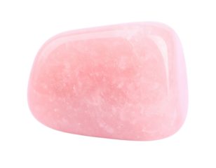 A small, polished pink stone, with a gentle, rosy hue and a light-reflecting surface, isolated on a white background.
