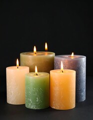 Group of colorful pillar candles burning