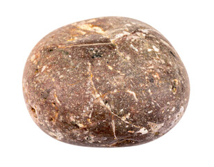 A smooth, round garden pebble in shades of brown and gray, with a polished, weathered surface, isolated on a white background.