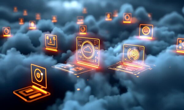 A dynamic digital cloud background with floating icons and data points, representing the advanced technology of modern cybersecurity systems