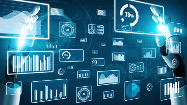 Robotic hands engage with an array of virtual dashboards, showcasing graphs and statistics in a high-tech setting, emphasizing innovation and analytics. Xenic