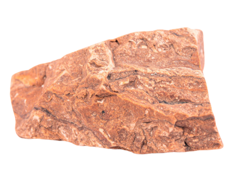 A piece of sandstone, with a distinctive layered texture and sandy, earthy tones, isolated on a white background.