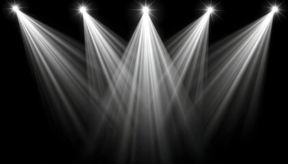Four bright stage lights converge in a dark setting, creating intense beams of light