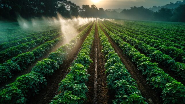 Geothermal steam injectors sterilize soil in soybean field at dawn