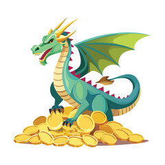 Obraz premium Green Dragon Standing on a Pile of Gold