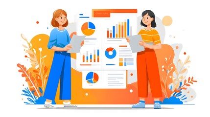 Two marketers exchanging ideas while holding colorful charts and reports