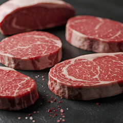 Realistic Photo of Fresh Raw Beef Steaks Displayed Closeup with Red Tones