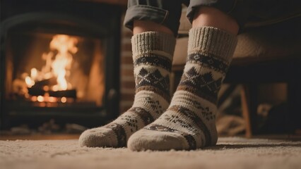 Feet in cozy socks warming by a crackling fireplace