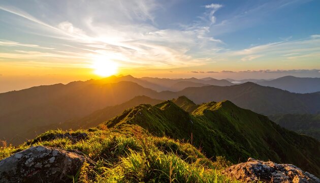 Sunset view from mountain peak, showing rolling hills and golden light