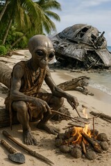 Aliens stranded on the beach cooking with stone utensils