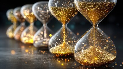 Holiday-themed hourglasses with golden glitter symbolizing the passage of time
