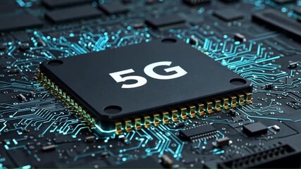 Closeup of a black 5G chip on a blue circuit board - Powered by Adobe