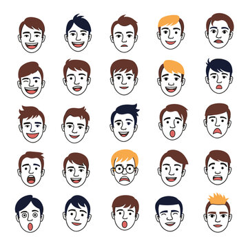 A collection of diverse male facial expressions and emotions depicted in a cartoon style offering a range of human feelings
