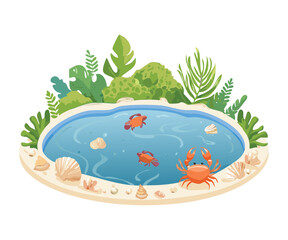 Illustration: Small Sea Shore with Crabs and Green Plants
