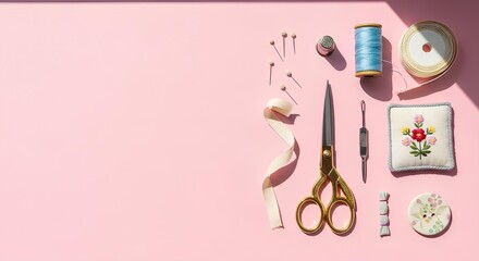 Collection of sewing and crafting tools arranged in a neat flat lay on a pink background. Hobby and needlework concept.
