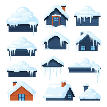 Winter snow covered rooftops of cozy houses decorated with icicles during a cold season